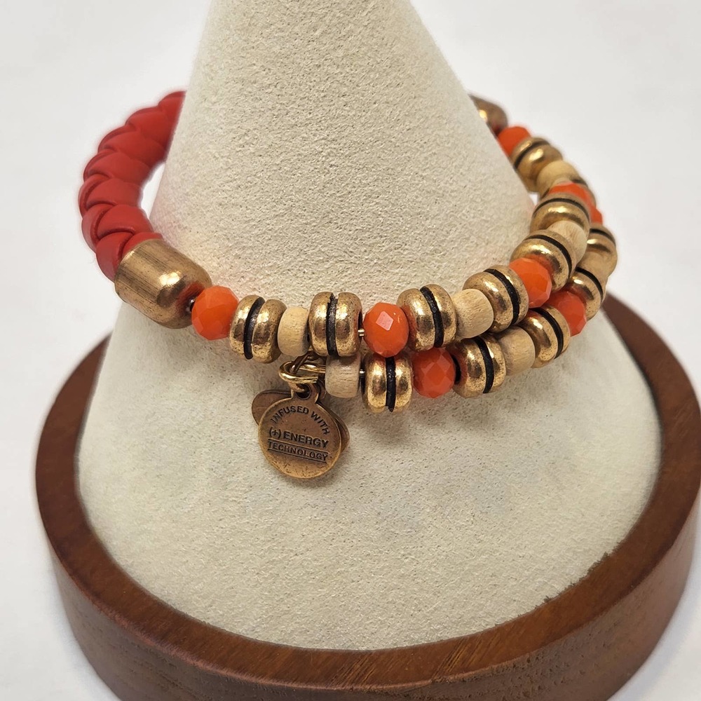 Alex and Ani Vintage 66 Orange Woven Leather Wrap Bracelet Gold Tone Beaded
